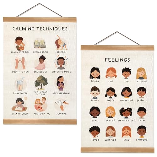 Feelings Chart & Emotional Learning Poster, Hanging Linen Canvas Wall Art with Solid Wood Frame, Montessori Social Skills Poster for Kids, Home & Classroom Decor – 2Piece Set 12x16 Inches (Feelings)