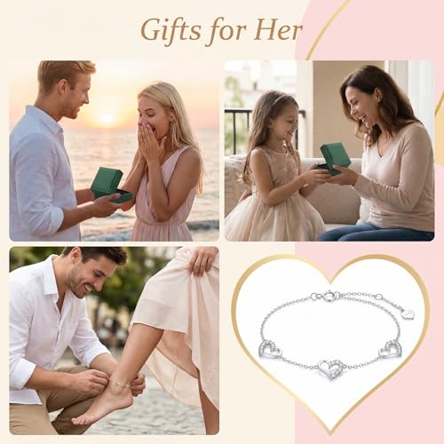 Image of SISGEM 10k White Gold Heart Anklet for Women, Cubic Zirconia Love Ankle Bracelet Jewelry for Wife /Mother /Sister, Birthday Gifts for Her, 9.4 inch-11 inch