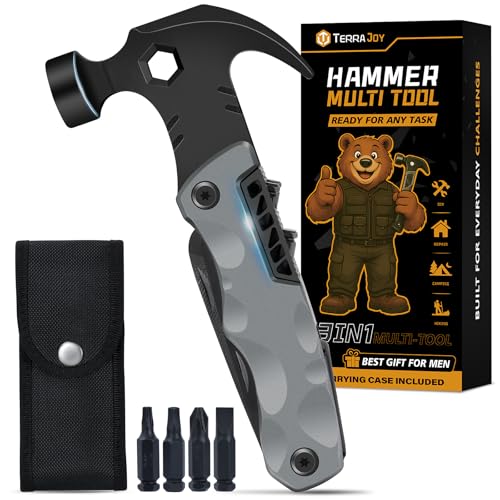 Camping Multitool – Geschenke für Männer &, Vater, Ehemann – 13-in-1 Multitool, Hammer, Flaschenöffner, Camping Zubehör für Outdoor, Gartenarbeit, Reparatur & DIY (Geschenkbox – Grau)