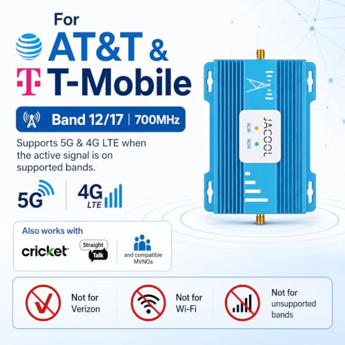 Image of Cell Phone Signal Booster for AT&T & T-Mobile, 5G 4G LTE Band 12 /17 700MHz | AT&T & T-Mobile Cell Signal Booster for Home, 3,000 Sq Ft, FCC Approved, Multi-User, Outside Signal Required
