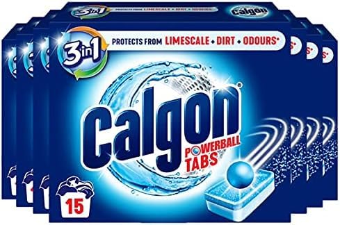 Calgon Limpiador de lavadora 4 en 1 y pastillas suavizantes de agua, elimina la cal y los olores, limpieza profunda, unidades: 15 tabletas, paquete de 7 (el embalaje puede variar)
