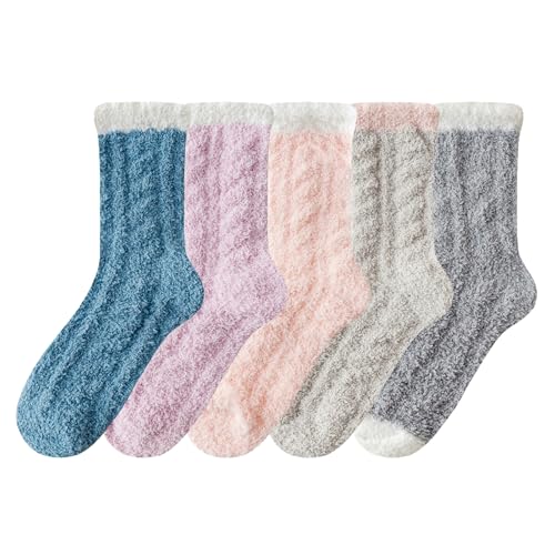 Torytoe Invierno Termicos Calcetines Mujer, 5 Pares Polar para Casa Dormir, Gruesos Y Suaves Calcetines de Lana para Casa Dormir Regalo, Talla 35-41