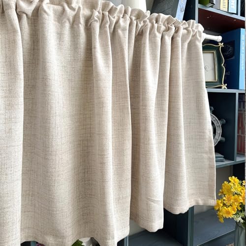 LNGFSH Cortina Corta Beige de Lino Media Cortina Semitransparente para Cocina, Puerta o Armario, Sin Taladro, Barra Pasante, Tamaño Personalizado (Beige,An x Al 85x90cm)