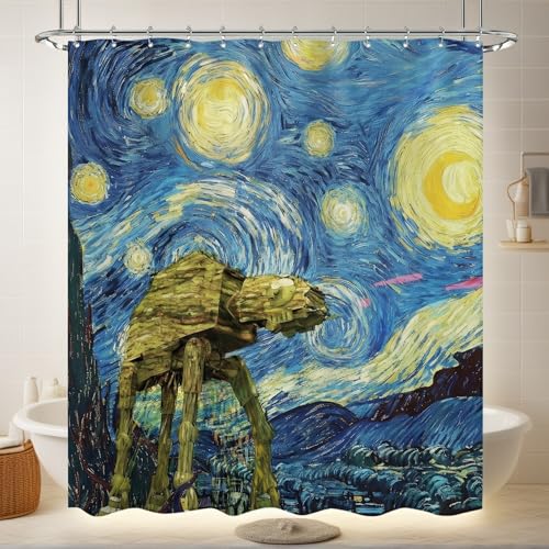 Starry Night Shower Curtains Universe Outer Space Galaxy Wars Star Themed Shower Curtain Polyester Fabric Bathroom Home Decor with 12 Metal Hooks(Blue 72 W x 72 L)