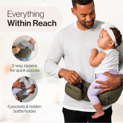Image of Tushbaby Original Hip Seat Baby Carrier for Babies & Toddlers up to 45 lbs, Safety Certified, Lightweight No-Foam Design with Storage, Olive