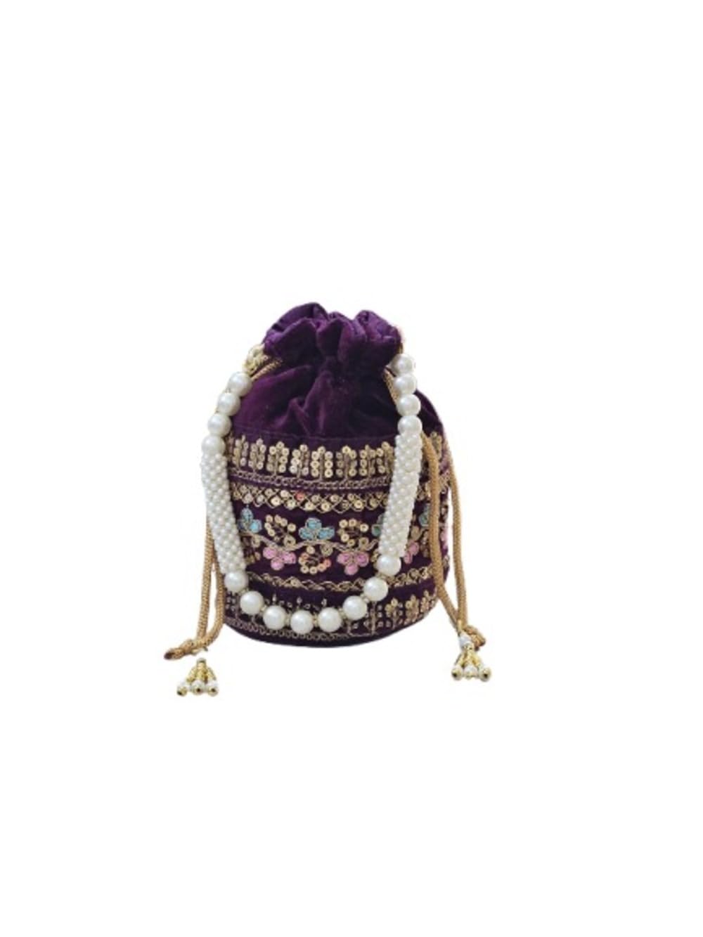 Ethnic Potli Handbag with Beaded Handle,Floral Embroidery, Traditional Drawstring Purse, Velvet Wristlet-image-29