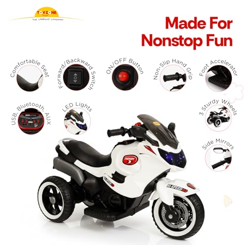 Image of Toyzone Trendy Bike White | Rechargeable Bike 6V | Powered by 6.5 AH Battery | Music Player with Bluetoooth & USB | 6 Month Battery Warranty | Make in India | for Kids 2+ Years