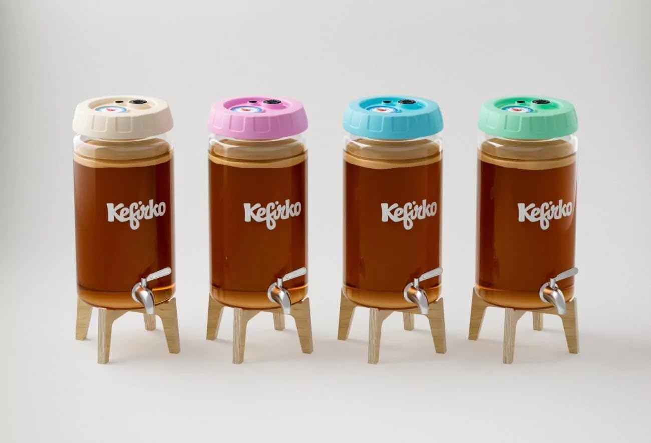 Kefirko Kombucha Kit de fermentation | Bocal en verre, couvercle, filtres, horloge de fermentation et livre de recettes, 4 litres (bleu)