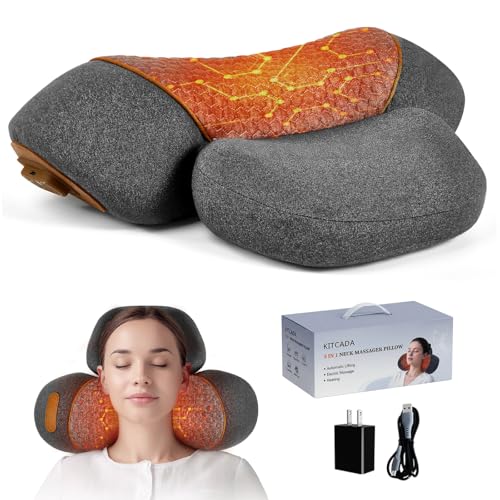 KITCADA Upgraded Neck Massager Pillow, 3-in-1 Neck Massager, Traction Massage with Heat, Neck Pillow for Shoulder Pain, Deep Tissue Pain Relief,Rechargeable TheraPillow, Gifts for Mother (Dark Gray)