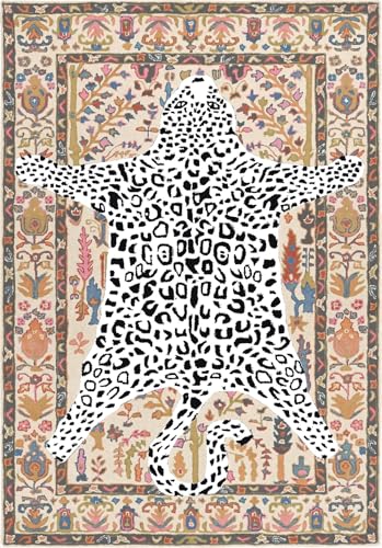 Image of Handmade Leopard Wool Area Rug with Traditional Oushak Motif - Animal Print Cheetah Rugs for Living Room, Bedroom, Dining Room | Plush Texture, Vintage Style Carpet (Ivory-White, 8' x 10')