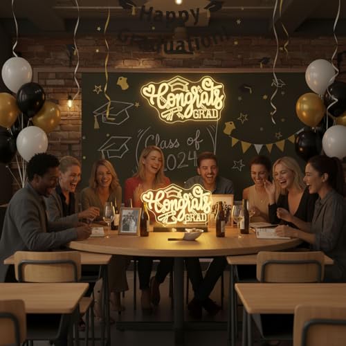 Image of Congrats Grad Neon Sign, Graduation Cap Neon Light LED Congrats Grad Sign, for Graduation Party Graduation Ceremony Graduation Yard Sign Indoor Graduation Gift(15.7 * 8.6 In)