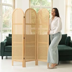 Room Dividers and Folding Privacy Screens Pine Wood 56 Ft Double Hinged Rattan Partition Freestanding Wall Room Divider for Home 3 Panels Natural