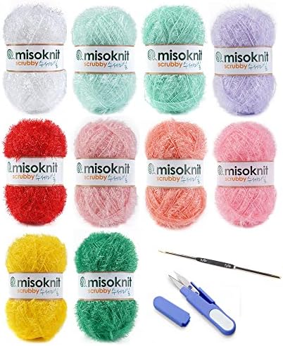 Misoknit Pastel Scrubby Yarn for dishcloths Crocheting 10 Skeins Package (Type A) - Polyester 100%, 1.4oz(40g) Each, 98 Yards per Skein
