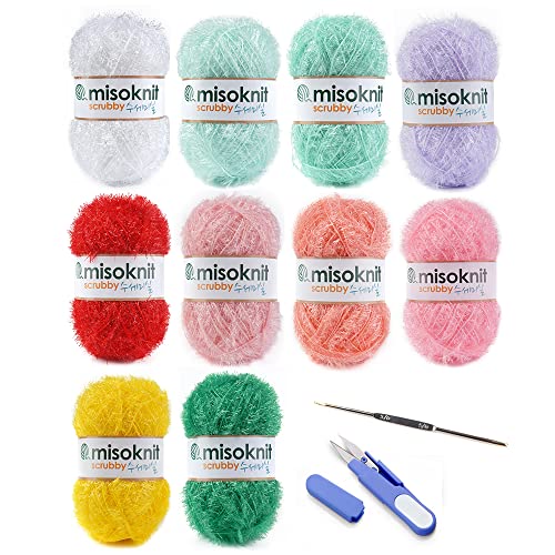 Misoknit Pastel Scrubby Yarn For Dishcloths Crocheting 10 Skeins Package (Type A) - Polyester 100%, 1.4Oz(40G) Each, 98 Yards Per Skein #TOP3
