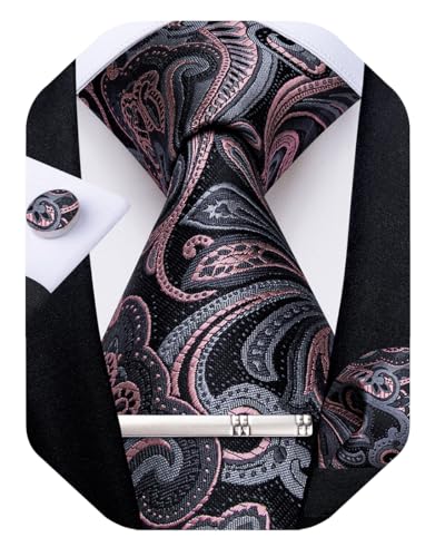 Image of DiBanGu Silk Floral Ties for Men Woven Paisley Necktie and Tie Clip Handkerchief Cufflinks Set for Party Wedding