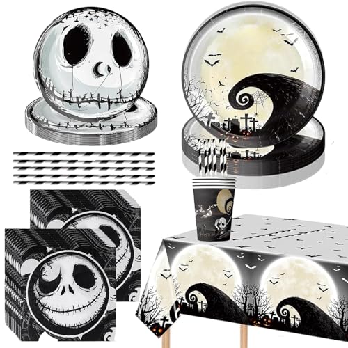 TKGEOUE Conjunto de louça de festa de Halloween, 51 peças, louça de Halloween, esqueleto, pratos, copos, guardanapos, decoração de mesa de Halloween para crianças, decoração para 10 convidados