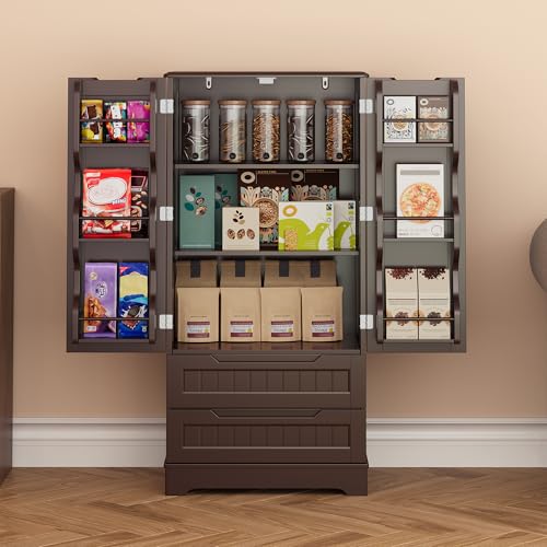 Gizoon Kitchen Pantry Storage Cabinet with Drawers Freestanding Bathroom Storage Cabinets with Doors and Shelves, 47" Small Wooden Food Pantry Cabinet for Dining Room Craft Room, Dark Brown