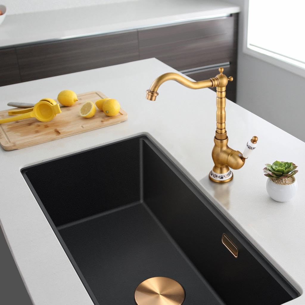 Grifo de cocina de latón antiguo grifería de lavabo de bronce retro monomando de fregadero de cocina giratoria de 360° grifo de baño con mango de cerámica