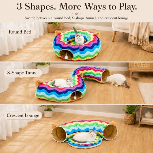 Image of Large Cat Tunnel Bed Under Christmas Tree with Fluffy Toy Balls, Small Cushion and Flexible Design- 10 inch Diameter, 3 ft Length- Great for Cats, and Small Dogs, Rainbow Wave Color