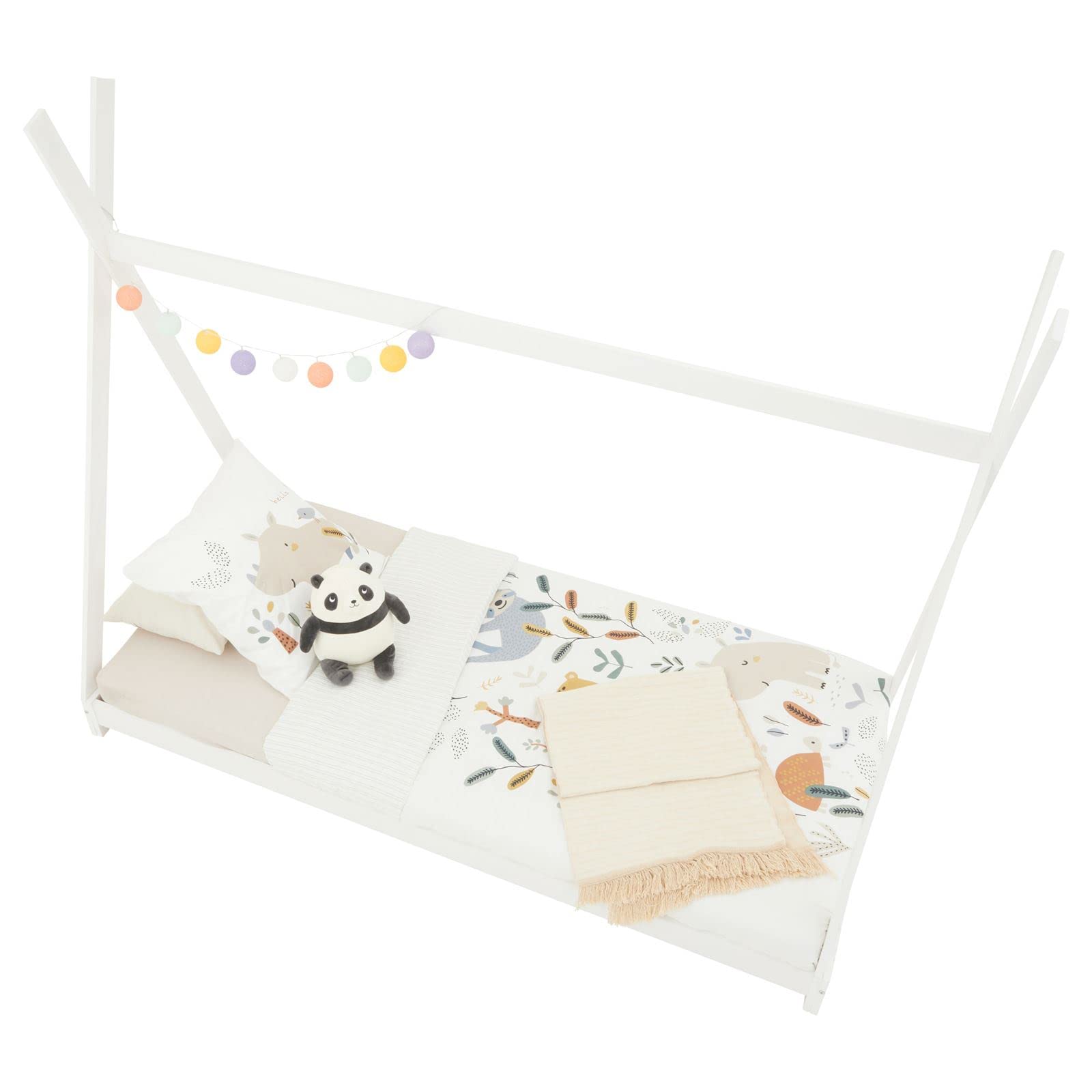IDIMEX Tipi Bett ELIN aus massiver Kiefer in 90 x 200, Kinder Hausbett mit Dach, modernes Indianer Spielbett für Kinder, weiß lackiert