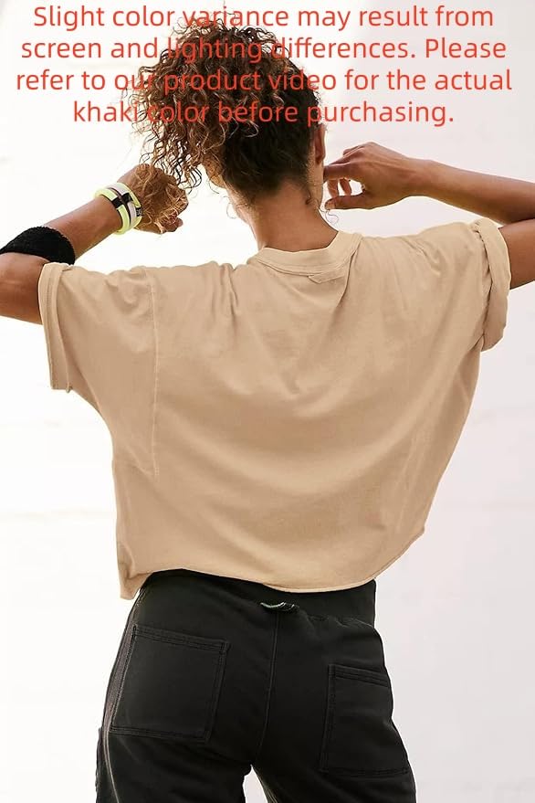 Image of HUGOOME Womens Oversized Workout Crop Top Casual Short Sleeve Boxy Roll Hem