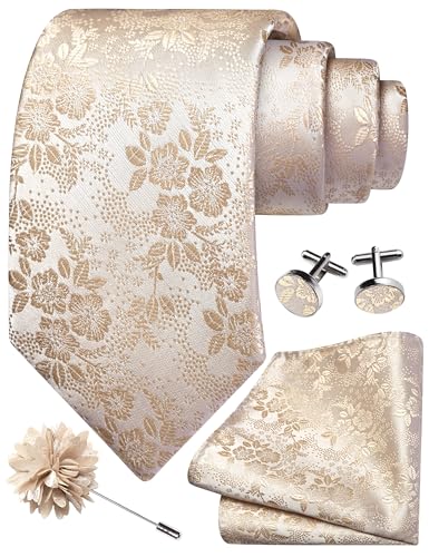 Image of GUSLESON 3.15 inch(8cm) Mens Floral Tie and Lapel Pin Necktie Hankerchief Cufflinks Set for Men
