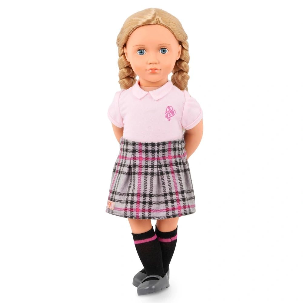 AIDNI Our G Deluxe School Girl Hally Doll Set, 18-Inch Posable Fashion Doll with School Uniform, Gym Outfit, Backpack & 15+ Classroom Accessories, Blonde Hair, School-Themed Pretend Play Toy for Ki
