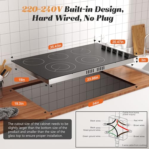 Image of Karinear 36 Inch Electric Cooktop, Knob Control Ceramic Stovetop, 220-240V