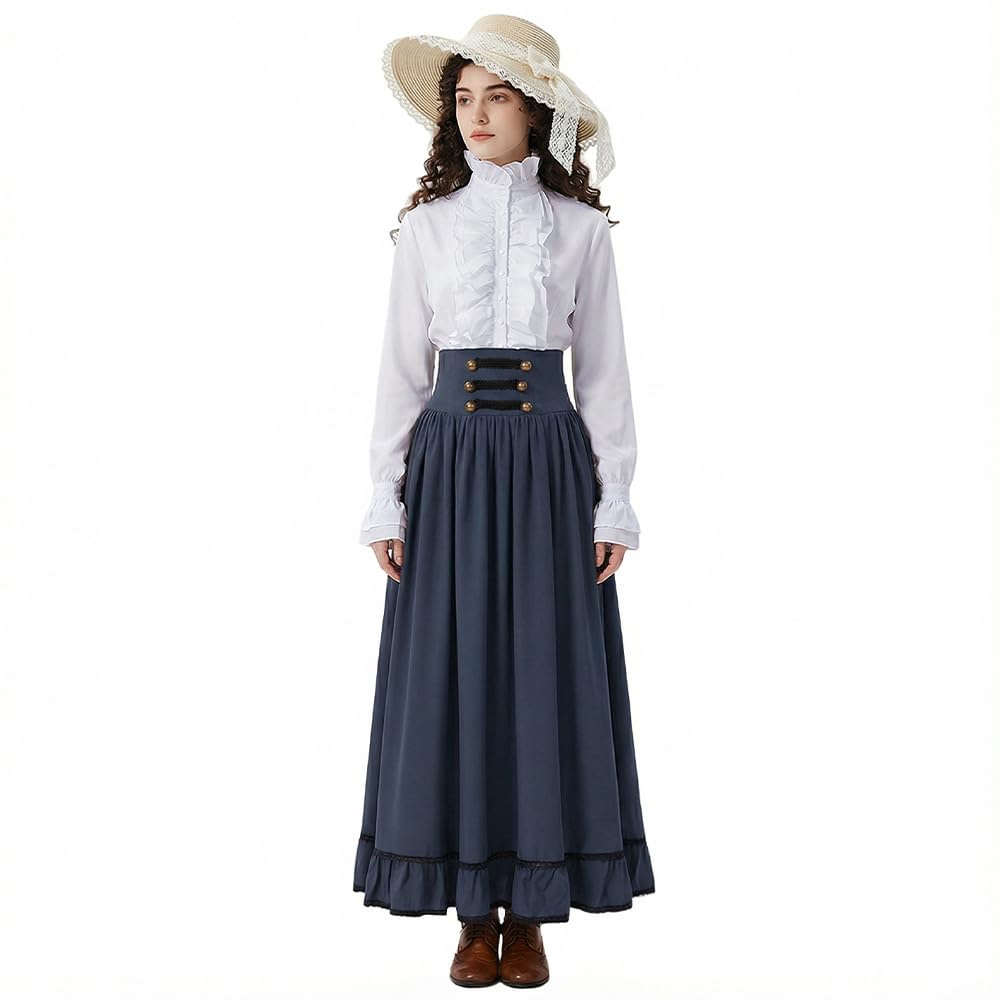 Robe française élégante à volants et manches ruchées – Costume médiéval féminin (Chemisier + Jupe vintage haute taille) – Ensemble Business Casual pour Femme – Jupe mi-longue de bureau et haut élégant