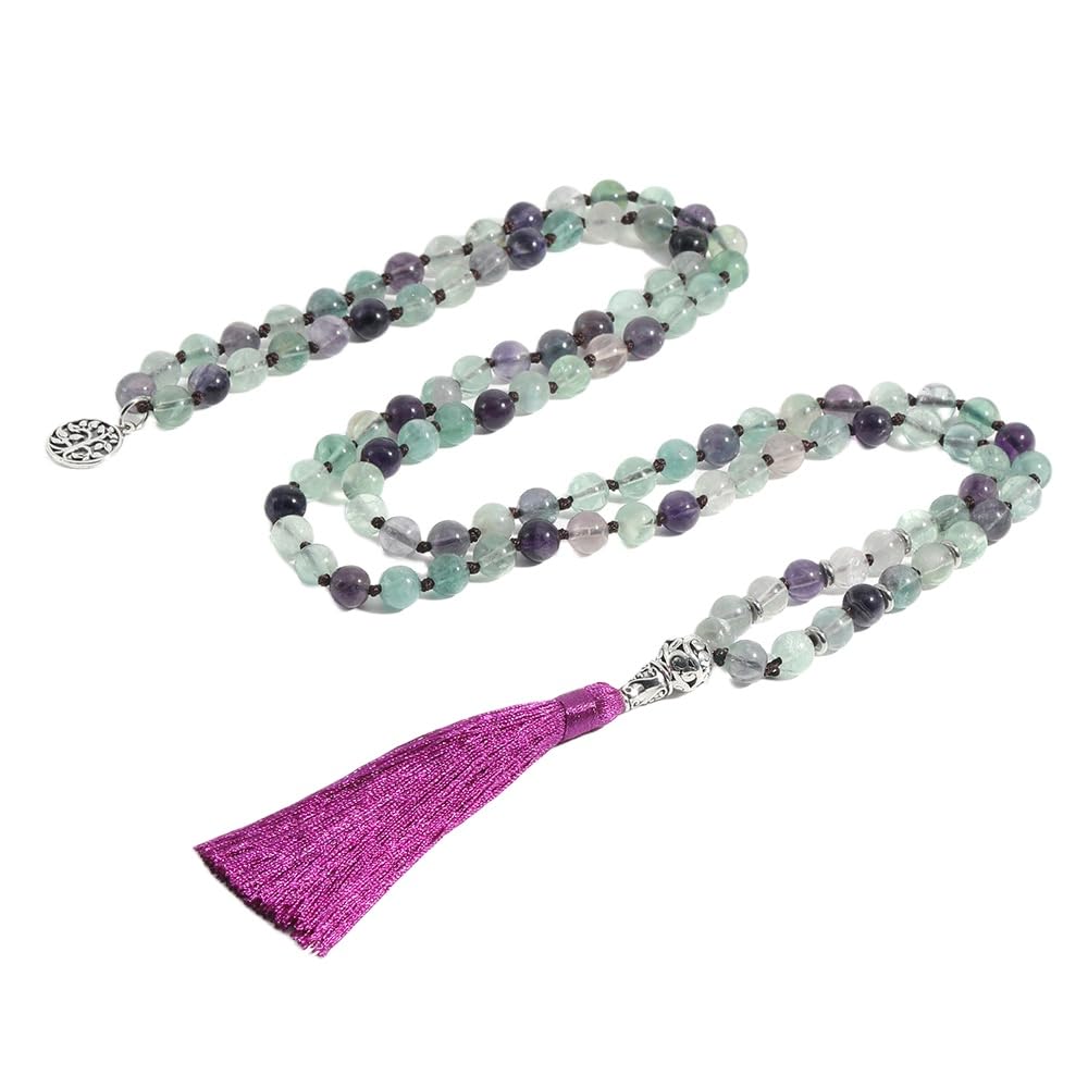 Generisch 108 Mala-Perlen-Knotenkette für Damen,Natürliches Buntes Fluorit-Armband,Lange Halskette Mit Quaste und Lebensbaum-Anhänger,Gebet,Spirituelle Meditation,Schmuck,Geschenke