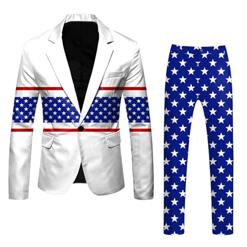 American Flag Suit for Men USA Outfit for The 4th of July with Pants United Stripes Formal Dress Jacket (Dark Blue, XL)
