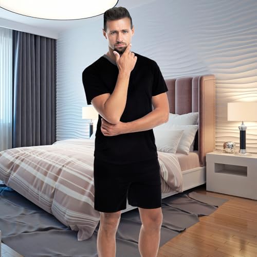 2 Sets Men's V Neck Pajamas Summer Pjs Set Soft Modal Nightwear Short Sleeve and Shorts with Pocket Comfy Sleepwear2
