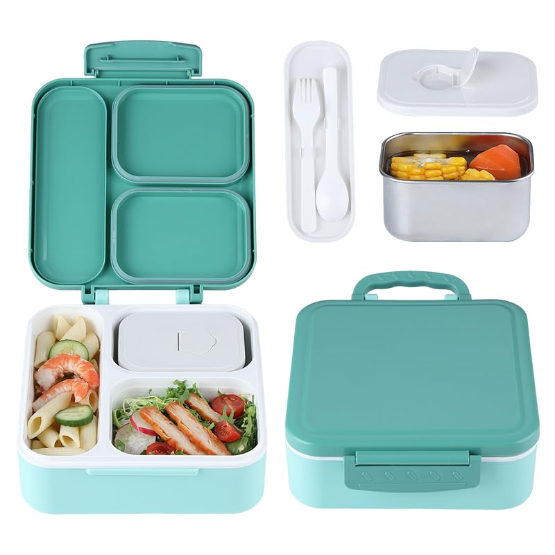 MEEYUU Bento Lunch Box with 330ML Soup Thermo Kids Leakproof Lunch Food Containers with 3 Compartment Kids Thermo Insulated Hot Food Jar for School Trvael (Green)