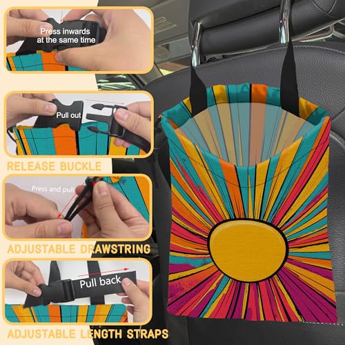 Image of Retro Sunlight Stripes Car Trash Bag, Hanging Drawstring Car Garbage Bag,Canvas Car Back Seat Organizer with Adjustable Buckle for Men and Women