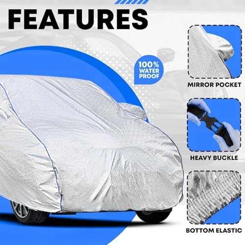 Image of Kerwa Waterproof Car Cover Compatible with Tata Altroz, Dust, UV & Scratch, All-Weather Proof Full Body Cover, Metallic Silver with Blue Lining, Triple Stitched Elasticated Bottom with Mirror Pocket