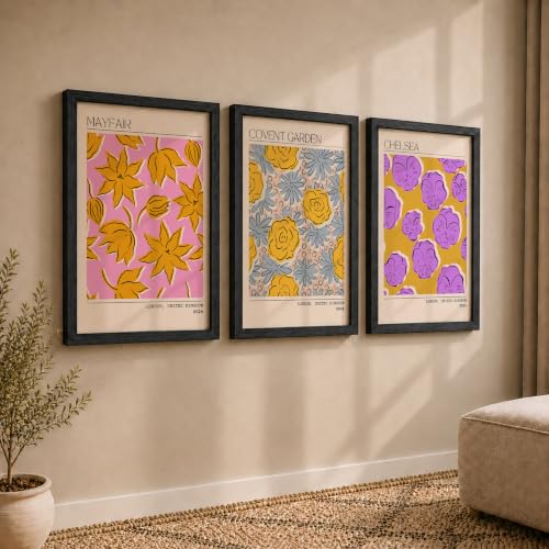 Image of NoWorries Trendy Abstract Floral Art Wall Frames | Modern Botanical Prints Inspired by London Paintings 300 GSM Premium Prints | Synthetic Wooden Stylish Frame Wall Decor for Bedroom, Living Room, Cafe & Office (Set of-3) (BLACK, ART-8, 17X25INCHES)