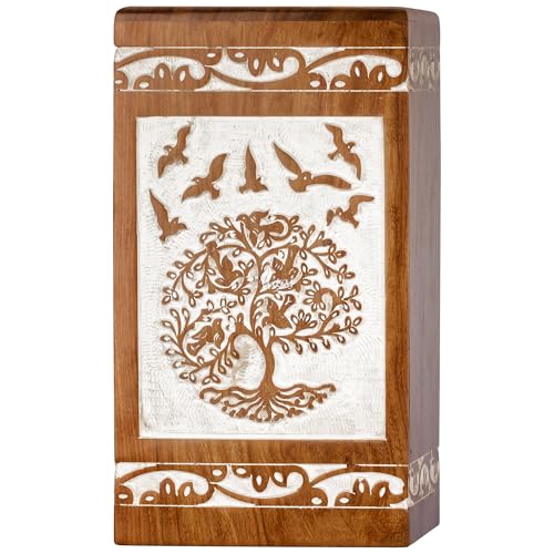 INTAJ Antique White Tree of Life Rosewood Urn for Human Ashes Adult Male Female - 250 lbs Capacity Wooden Cremation Urn Box Suitable for Burial Funeral Decorative Spiritual Memorial Casket
