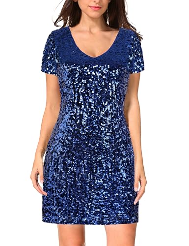 Image of MANER Women's Sequin Glitter Short Sleeve Dress Sexy V Neck Mini Party Club Bodycon Dresses
