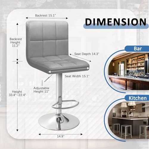 Image of Homall Bar Stools Modern Velvet Adjustable Swivel Barstools, Armless Hydraulic Kitchen Counter Bar Stool Extra Height Square Island Barstool with Back Set of 2 (Velvet, Gray)