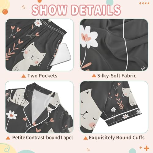 senya Cat with Flower A Satin Summer Pajama Sets Silk Short Sleeve Button Down Sleepwear3