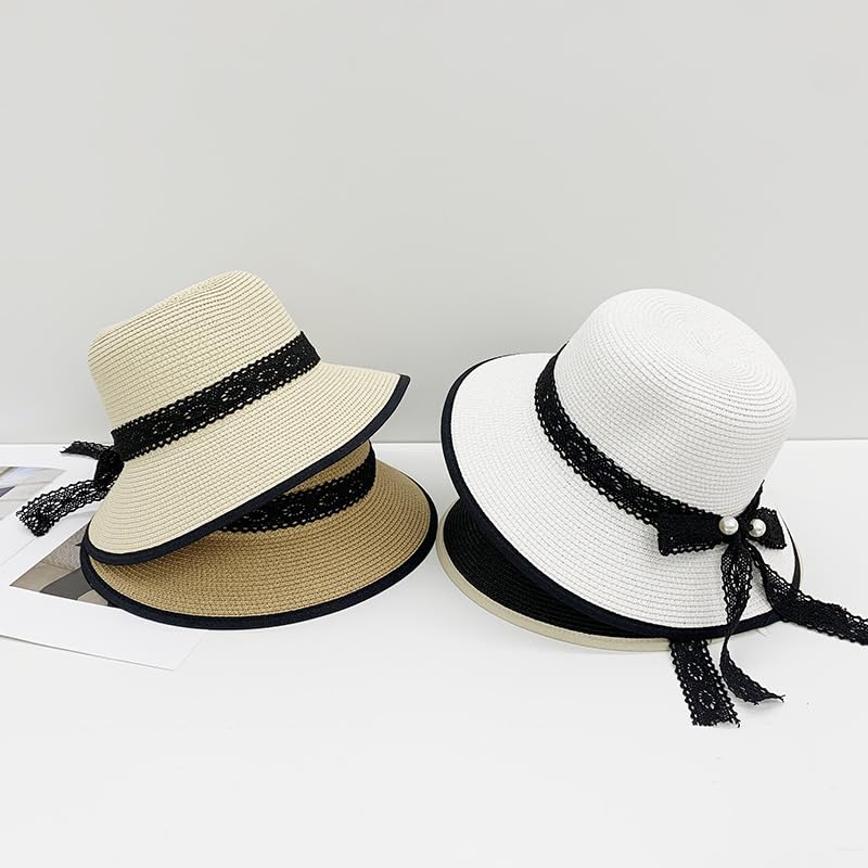 Sombrero de Paja de Verano para Mujer,de ala Ancha,Ligero,con Lazo de Encaje de Perlas,Plegable,Transpirable,para Playa,para Actividades Al Aire Libre