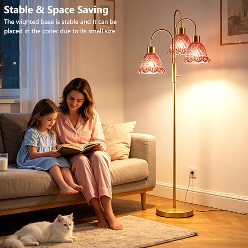 Image of 3-Light Glass Floor Lamp for Living Room, 70 inch Gold Dimmable Standing Tall Lamp with Deep Red Glass Shades &3PCS 3000K Warm White Bulbs for Wedding /Party, Modern Tree Pole Lamp for Bedroom Home Decor