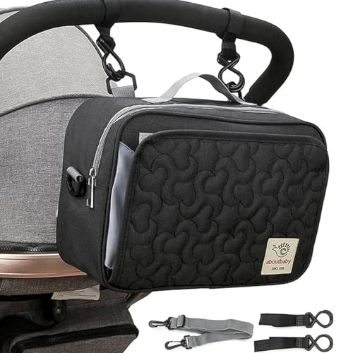 Bolso carro bebé pequeño – Organizador compacto para carrito y cochecito multiusos. Bolsa de maternidad y hospital ligera, ideal para uso diario, paseo corto y llevar lo indispensable (Negro)