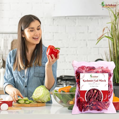 Image of Avlokan Kashmiri Red Chilli Whole with Stem - 100% Natural, Hot & Spicy Dried Red Chilli | Kashmiri Sabut Lal Mirch Kashmiri Withstem Red Chilli, 1KG