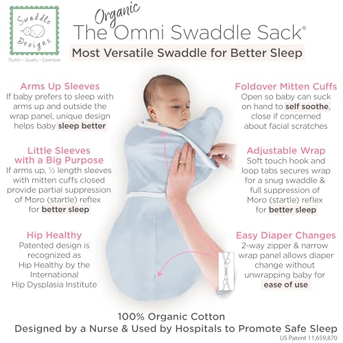 Image of SwaddleDesigns Organic 6-Way Omni Swaddle Sack w /Wrap, Soft Blue, 6-14 lb