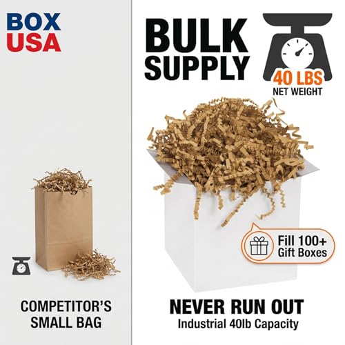 Image of BOX USA Kraft Crinkle Paper Filler (40lb) - Shredded Paper for Basket Stuffing, Shipping, Packaging, Confetti, Crafts & Holidays - Crinkle Cut