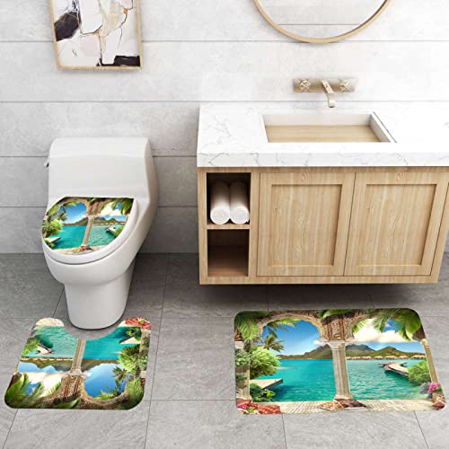 3-teilig Badematten Set, 3D Digitaldruck Meereslandschaft Badteppich Sets rutschfest Badvorleger Grün Waschbar U…