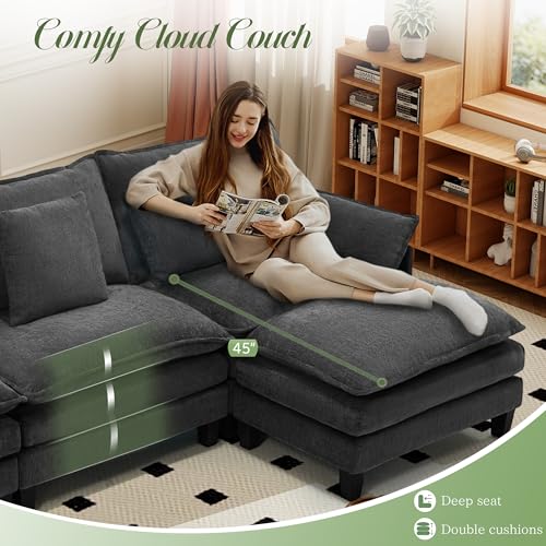 Image of 106 inch L Shaped Modular Sectional Cloud Couch, Modern Sofa with Ottoman, 4-Seat Deep Seat Sofa with Pillows for Living Room, Bedroom and Apartment, Grey