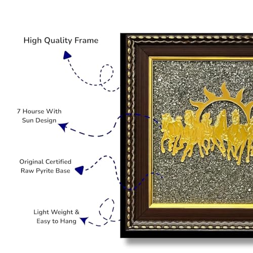 Image of Oizeir 7 Horses on Raw Pyrite Frame | Seven Horses Wall Decor Pyrite Stone Frame for Success & Fame | Vastu Items for Money Attraction | Wall Decor | Ideal Gift | 19x19x1 cm (7 horses frame)