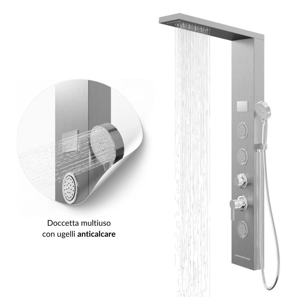 Colonna Pannello Doccia Shine Acciaio 4 Funzioni Luce LED Display Temperatura Effetto Pioggia Cascata Anticalcare (Cromo Spazzolato)